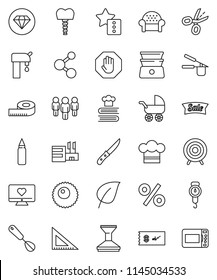 thin line vector icon set - car fetlock vector, scales, cook hat, press, whisk, knife, double boiler, cookbook, corner ruler, leaf, man, measuring, punching bag, target, molecule, heart monitor