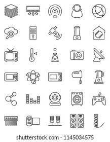 thin line vector icon set - washer vector, mixer, microwave oven, thermometer, atom, molecule, satellite antenna, satellitie, tv, equalizer, connection, server, cloud glass, big data, hub, support