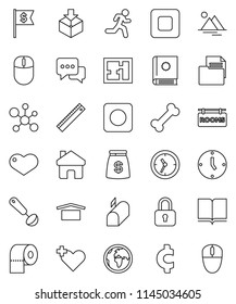 thin line vector icon set - toilet paper vector, ladle, book, ruler, molecule, clock, dollar flag, cent sign, bone, run, earth, document, dry cargo, package, dialog, heart, stop button, rec, cross