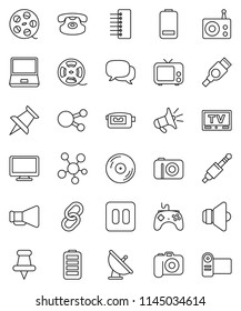 thin line vector icon set - satellite antenna vector, film spool, disk, camera, radio, speaker, loudspeaker, tv, gamepad, video, dialog, monitor, notebook pc, classic phone, social media, link, hdmi