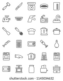thin line vector icon set - water tap vector, sink, pan, oil, colander, measuring cup, cook hat, glove, press, skimmer, spatula, knife, meat hammer, grater, toaster, oven, blender, sieve, jar