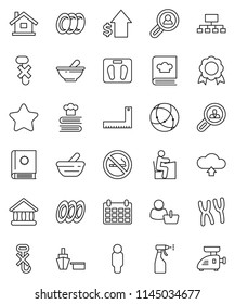thin line vector icon set - sprayer vector, plates, cookbook, corner ruler, student, medal, university, dollar growth, man, hierarchy, calendar, scales, no smoking, port, hook, mortar, chromosomes