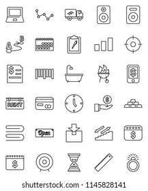 thin line vector icon set - towel vector, bbq, ruler, notebook pc, constellation, investment, annual report, clock, target, sand, dollar calendar, gold ingot, stairways run, clipboard, package, bath