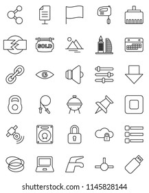thin line vector icon set - water tap vector, bbq, notebook pc, flag, arrow down, weight, jump rope, molecule, hoop, calendar, satellitie, speaker, link, thumbtack, stop button, eye, connect, menu