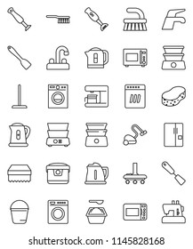 thin line vector icon set - water tap vector, vacuum cleaner, fetlock, mop, bucket, sponge, washing powder, kettle, spatula, microwave oven, double boiler, blender, fridge, washer, dishwasher
