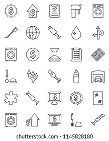 thin line vector icon set - water drop vector, car fetlock, window cleaning, toilet brush, washer, blender, exchange, dollar growth, medal, monitor, bottle, route, internet, ambulance star, arrow