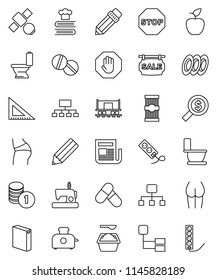 thin line vector icon set - toilet vector, washing powder, cookbook, plates, pasta, pencil, corner ruler, apple fruit, coin stack, money search, hierarchy, buttocks, pills, Railway carriage, stop
