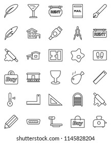 thin line vector icon set - splotch vector, welcome mat, washboard, rolling pin, thermometer, chicken leg, pen, pencil, corner ruler, drawing compass, glass, big scales, Railway carriage, hdmi, plan