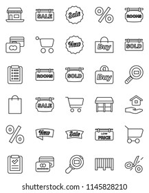 thin line vector icon set - house hold vector, cart, credit card, office, cargo search, sale signboard, rooms, sold, low price, new, shopping bag, percent, market, buy, barcode, list, coupon