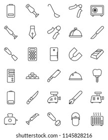 thin line vector icon set - camping cauldron vector, spatula, ladle, knife, grater, blender, dish, pen, magnet, gold ingot, safe, hand trainer, battery, scalpel, tooth implant, fridge, meat grinder