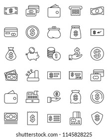 thin line vector icon set - dollar coin vector, credit card, wallet, cash, money bag, piggy bank, investment, stack, check, receipt, cashbox, shield