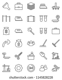 thin line vector icon set - scraper vector, vacuum cleaner, rake, iron, steaming, student, case, money bag, horizontal bar, big scales, group, vial, scissors, data, gear, construction crane, 24 hour