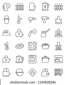 thin line vector icon set - iron vector, steaming, pan, camping cauldron, kettle, cook glove, turk coffee, toaster, oven, thermometer, steak, flammable, fireplace, heating, maker, hair dryer, heater