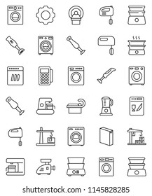 thin line vector icon set - washer vector, washing powder, mixer, double boiler, blender, tomography, gear, construction crane, card reader, dishwasher, coffee maker, meat grinder