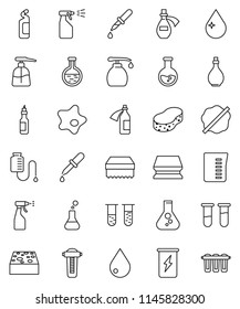 thin line vector icon set - sponge vector, water drop, splotch, liquid soap, sprayer, cleaning agent, oil, measuring cup, flask, enegry drink, vial, dropper, potion, counter, filter