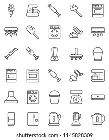 thin line vector icon set - vacuum cleaner vector, bucket, kettle, scales, oven, blender, air conditioner, fridge, washer, coffee maker, hood