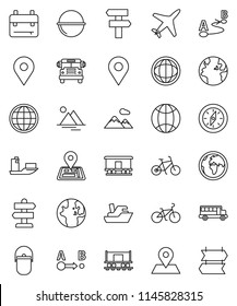 thin line vector icon set - camping cauldron vector, backpack, compass, school bus, world, bike, signpost, navigator, earth, map pin, Railway carriage, plane, ship, route, globe, mountain