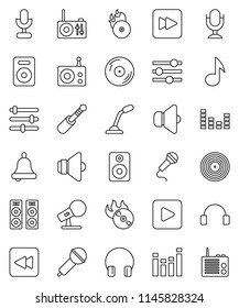 thin line vector icon set - bell vector, music, disk, hit, microphone, radio, speaker, equalizer, headphones, play button, forward, backward, jack