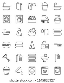 thin line vector icon set - soap vector, scraper, fetlock, bucket, sponge, towel, bath, drying clothes, washer, washing powder, shower, sink, dishwasher