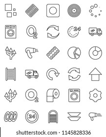 thin line vector icon set - washboard vector, toilet paper, plates, pie graph, arrow up, oxygen, disk, rec button, pills blister, gear, refresh, redo, loading, route, relocation truck, 24 hour