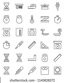 thin line vector icon set - measuring cup vector, scales, corner ruler, sand clock, stopwatch, weight, big, thermometer, store, kitchen