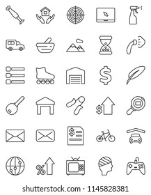 thin line vector icon set - steaming vector, sprayer, house hold, pen, percent growth, dollar, annual report, sign, bike, hand trainer, roller Skates, target, car, warehouse, cargo search, internet