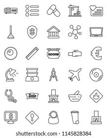 thin line vector icon set - plunger vector, trash bin, ruler, drawing compass, table lamp, university, monitor dollar, euro sign, pills, heart, plane, flammable, disk, social media, stethoscope