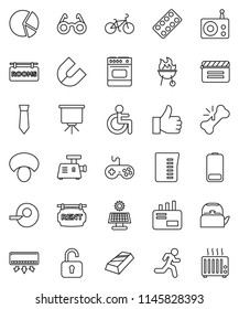 thin line vector icon set - kettle vector, measuring cup, bbq, mushroom, glasses, magnet, presentation, gold ingot, pie graph, tie, bike, run, cinema clap, radio, gamepad, finger up, battery, rooms