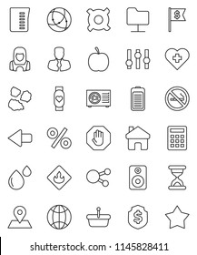 thin line vector icon set - cleaner woman vector, garbage pile, measuring cup, manager, dollar flag, shield, any currency, diet, heart monitor, no smoking, cross, map pin, flammable, settings, home