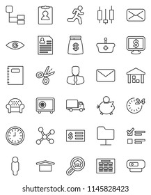 thin line vector icon set - copybook vector, schedule, exam, japanese candle, piggy bank, manager, receipt, clock, man, personal information, safe, monitor dollar, run, delivery, dry cargo, mail