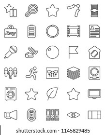 thin line vector icon set - pasta vector, flag, leaf, man, binder, personal information, hand trainer, fitball, hoop, run, stadium, film frame, microphone, loudspeaker, monitor, favorites, battery