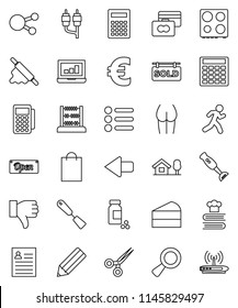 thin line vector icon set - spatula vector, rolling pin, oven, cookbook, blender, cake, pencil, calculator, abacus, personal information, laptop graph, credit card, euro sign, pills vial, buttocks