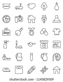 thin line vector icon set - toilet brush vector, sprayer, oil, plates, jug, pencil, tie, scales, medal, pills, earth, port, heart, dna, eye doctor hat, router, home, fruit tree, key, buy, clothes