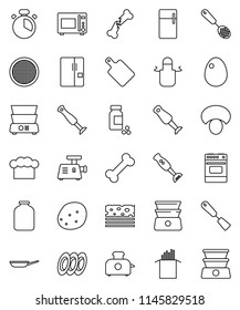 thin line vector icon set - pan vector, cook hat, apron, timer, skimmer, spatula, cutting board, microwave oven, double boiler, blender, plates, sieve, jar, egg, pasta, mushroom, potato, pills vial