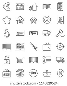 thin line vector icon set - crisis vector, percent growth, dollar, target, euro sign, barcode, wallet, star, new, open, store, buy, cashbox, receipt, basket, auction, delivery, unlock, check, menu