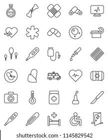 thin line vector icon set - heart pulse vector, first aid kit, ambulance star, disabled, thermometer, flask, pregnancy, dropper, scalpel, broken bone, patch, pills, bottle, blister, hospital bed