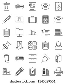 thin line vector icon set - trash bin vector, shining window, pencil, pen, clipboard, paper pin, archive, exam, case, binder, receipt, sorting, classic phone, thumbtack, medical room, network folder