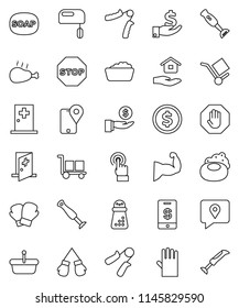 thin line vector icon set - soap vector, foam basin, rubber glove, house hold, hand mill, blender, chicken leg, dollar coin, investment, trainer, muscule, boxing, traking, cargo, touchscreen, stop