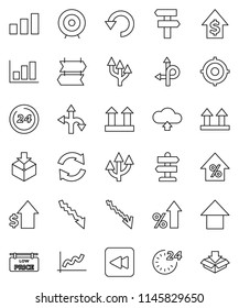 thin line vector icon set - graph vector, crisis, percent growth, dollar, target, arrow up, route, signpost, top sign, package, sorting, backward button, refresh, undo, cloud upload, 24 hour