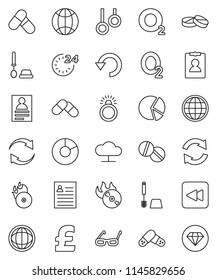 thin line vector icon set - toilet brush vector, glasses, world, personal information, pie graph, pound, pills, gymnast rings, oxygen, music hit, backward button, cloud network, refresh, undo, globe