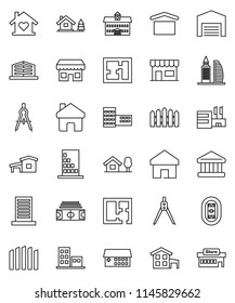 thin line vector icon set - university vector, school building, drawing compass, bank, stadium, dry cargo, hospital, home, cottage, chalet, barn, fence, plan, apartments, office, love, store, mall