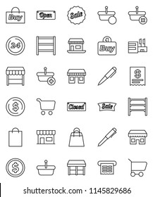 thin line vector icon set - pen vector, dollar coin, cart, office, shelving, sale, open, closed, 24 hour, shopping bag, market, store, mall, buy, receipt, basket