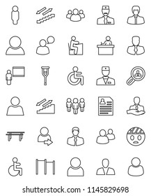 thin line vector icon set - blackboard vector, student, manager, man, personal information, horizontal bar, stairways run, client, speaking, group, disabled, doctor, crutches, head bandage, user