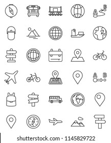 thin line vector icon set - camping cauldron vector, backpack, compass, school bus, world, bike, signpost, navigator, earth, map pin, Railway carriage, plane, ship, route, globe, mountain