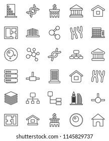 thin line vector icon set - bank vector, building, hierarchy, molecule, dna, chromosomes, ovule, connect, big data, plan, apartments, office, home