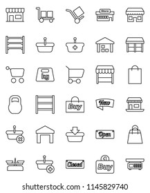 thin line vector icon set - office vector, cargo, warehouse, weight, shelving, new, open, closed, shopping bag, market, store, mall, buy, basket, cart, scales