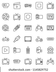 thin line vector icon set - cinema clap vector, film spool, tv, gamepad, video camera, remote control, play button, stop, rec, hdmi, web, projector