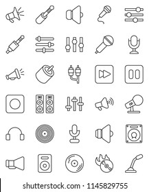thin line vector icon set - disk vector, music hit, microphone, speaker, loudspeaker, settings, headphones, pause button, forward, rec, rca, jack, equalizer