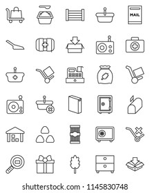 thin line vector icon set - scoop vector, washing powder, cereal, pasta, archive, safe, first aid kit, wood box, cargo, no trolley, warehouse, search, radio, mailbox, gift, cashbox, basket, package