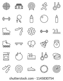 thin line vector icon set - target vector, barbell, stadium, weight, jump rope, hand trainer, punching bag, fitball, snickers, boxing glove, roller Skates, skateboard, medal, sports nutrition, hoop